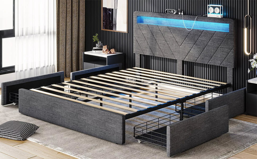 Queen Upholstered Platform Bed Frame with 4 Storage Drawers and LED Headboard X642