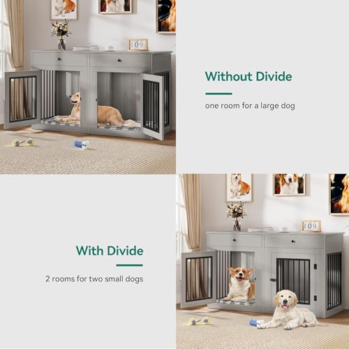 60" Wooden Dog Crate Furniture with Divider Storage Drawers Double Door Grey C98347