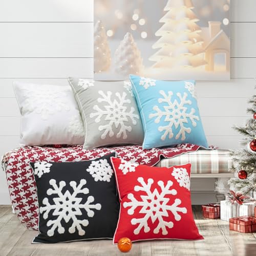 18x18 Soft Canvas Snowflake Embroidery Throw Pillow Covers with Invisible Zipper, 1 Pair, White N68235