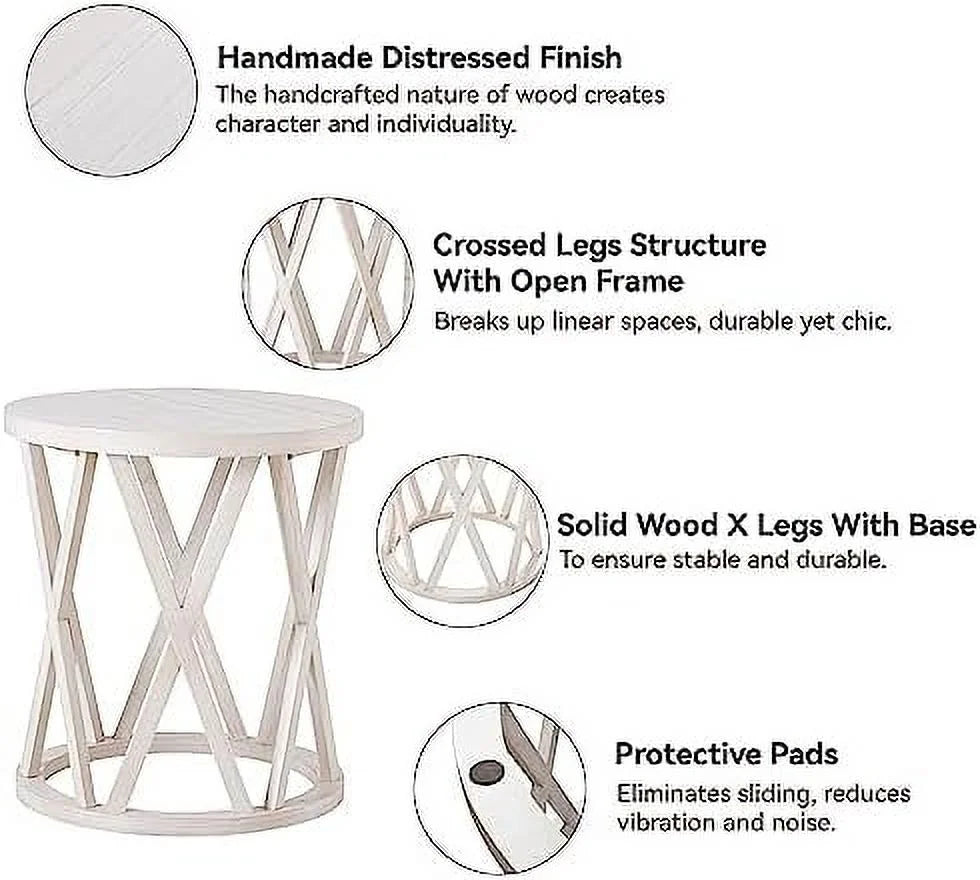Antique White Round Wood End Table C7391