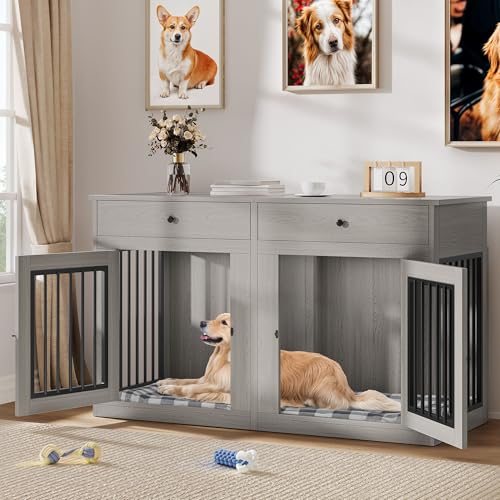 60" Wooden Dog Crate Furniture with Divider Storage Drawers Double Door Grey C98347